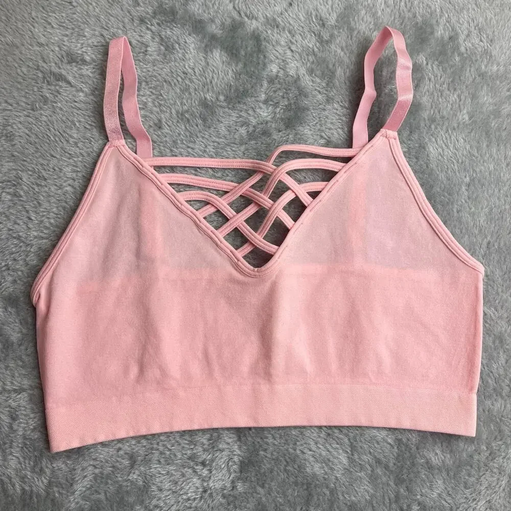 Women's Front V-Lattice Bralette‎ Adjustable Straps NOT PADDED Dusty Pink S/M